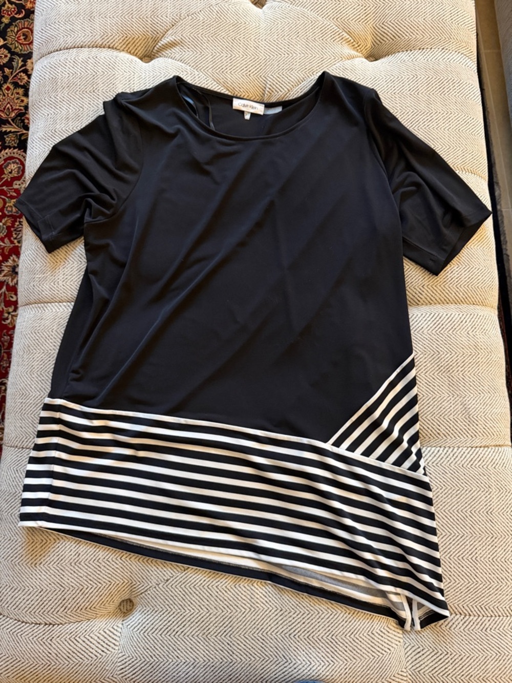 Calvin Klein Black Short Sleeve Tee with White Striped Asymmetric Hem